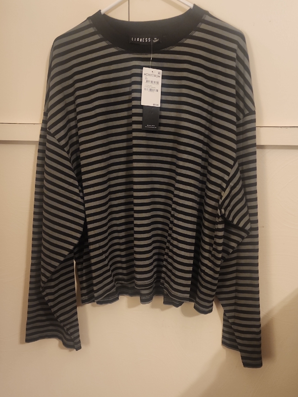 Lioness Black and Gray Striped Long Sleeve Crewneck Top